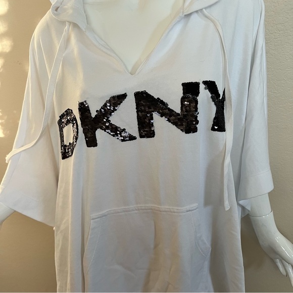 DKNY White Poncho Hooded Sweatshirt with Black Sequins Logo - Picture 5 of 9